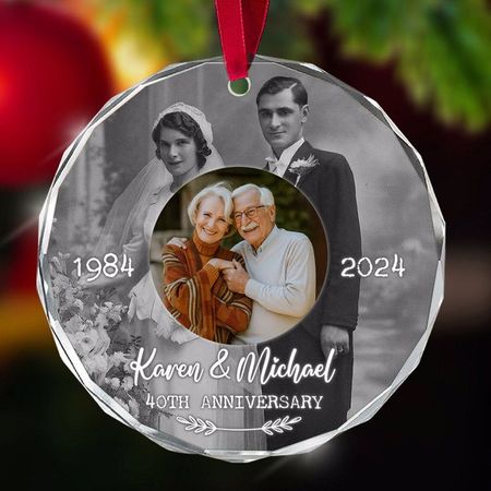 Personlig bryllupsdagsglasornament med billeder fra dengang og nu, brugerdefineret guld sølv jubilæumsminde, gave til forældre og bedsteforældre